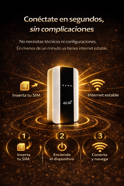 Dispositivo de internet confiable para viajeros y estudiantes, fácil de configurar y con conexión estable en segundos.