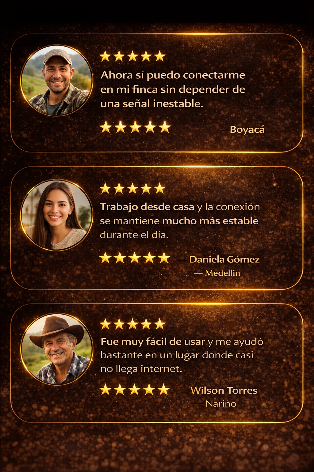Testimonios de usuarios satisfechos sobre internet confiable para viajeros y estudiantes en Colombia.
